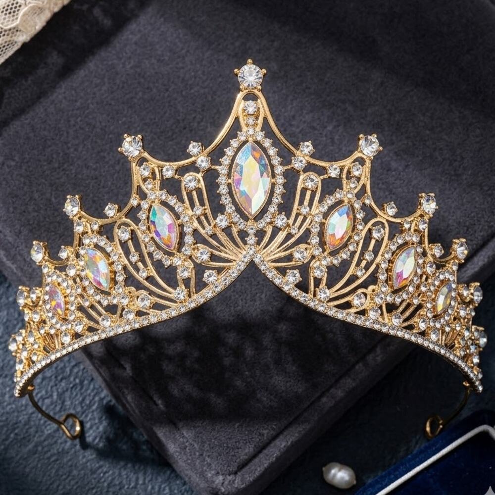 Stunning Gold Rhinestone Tiara Crown Iridescent AB Prom Bridal Pageant Cosplay